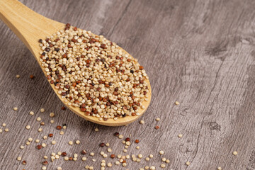 Close-up of a wooden spoon filled with colorful mixed quinoa grains on a rustic wooden surface. Ideal for healthy eating concepts.
