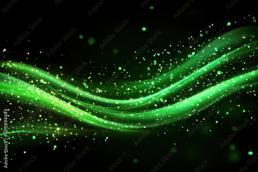 Poster abstract green glowing waves with sparkles on black background. ideal for adding a touch of magic an