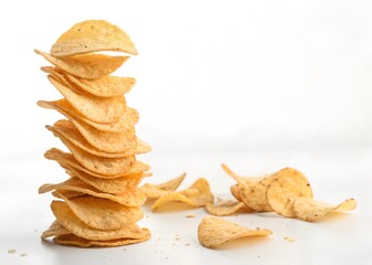Stacked Potato Chips on White Background