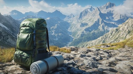 Backpack and sleeping mat on mountain peak, scenic valley view, adventure travel