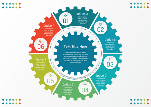 6 options business infographic template, theme of six divided gear shapes with number and symbols