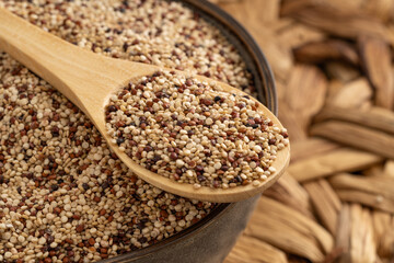 Mixed quinoa grains in a wooden spoon resting on a bowl filled with quinoa seeds, featuring red, white, and black quinoa. Perfect for healthy food and nutrition themes.