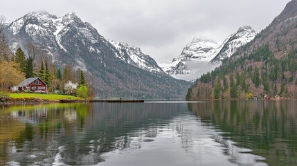 Serene Mountain Lake House with Snow Capped Peaks