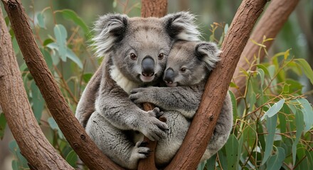 Fototapeta premium Adorable Koala Mother and Baby Hugging in Tree