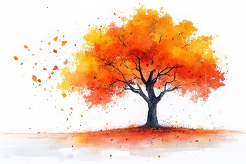 Vibrant Orange Autumn Tree with Falling Leaves in Watercolor Style