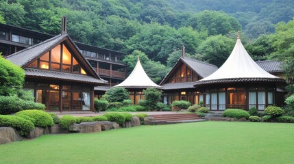 Serene Mountain Resort Architecture with Lush Greenery