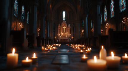 Fototapeta premium Candlelit ambiance during Candlemas celebration in a historic church at twilight
