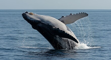 Fototapeta premium Humpback Whale Breaching Ocean Surface Wildlife Photo
