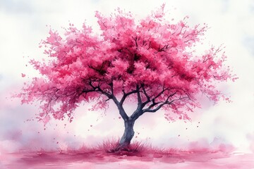 Pink Blossom Tree in Watercolor Style with Soft Background Details