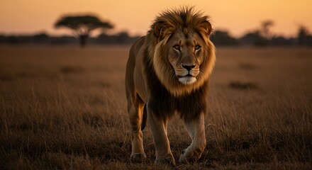 Naklejka premium Majestic Lion Walking at Sunset in African Savanna
