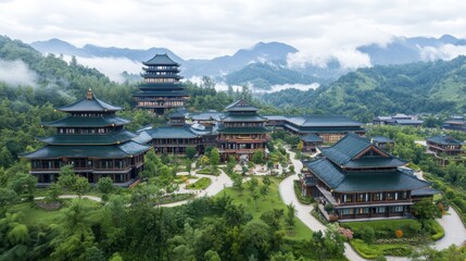 Obraz premium Serene Mountaintop Temple Complex Architectural Panorama
