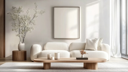 White and clean Minimalist living room , japandi interior design of modern