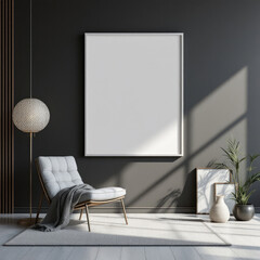 a gray sofa with a blank picture frames above it, creating a minimalist and modern aesthetic. Cozy modern living room with photo frame design