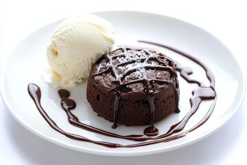 Chocolate lava cake with vanilla ice cream and chocolate sauce.