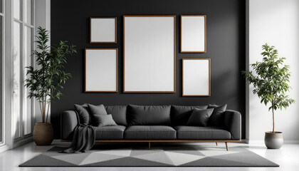 Obraz premium a gray sofa with a throw blanket, a large abstract rug, and a black and white geometric rug. Cozy modern living room with photo frame design