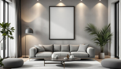 a gray sofa, a coffee table, a large blank picture frame, a floor lamp, a potted plant, and a large window. Cozy modern living room with photo frame design