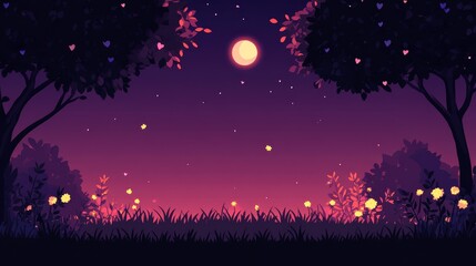 Fototapeta premium Serene Nighttime Forest Scene with Full Moon and Hearts