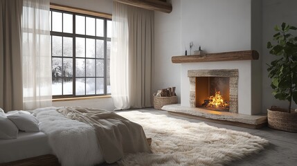 Cozy and Inviting Bedroom Featuring a Warm Fireplace and Luxurious Bed Surrounded by Soft Textiles Creating a Relaxing Atmosphere Perfect for Rest and Rejuvenation in a Peaceful Retreat