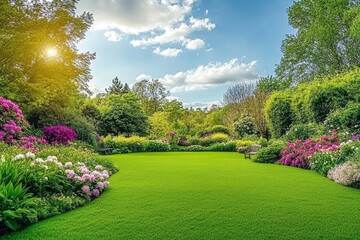 Naklejka premium Scenic english country estate with lush lawn, trees, and vibrant spring flowers under blue sky