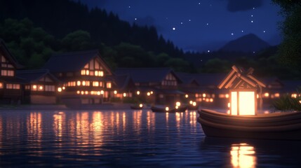Fototapeta premium Serene Nighttime Village Lights Reflecting on Calm Water