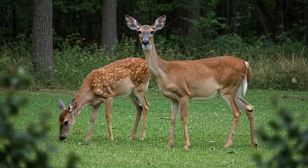 Two Whitetail Deer Grazing in a Forest Meadow