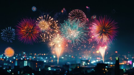 2025 New Year’s Eve celebration with fireworks. Featuring a cityscape view with vibrant fireworks lighting up the sky. Highlighting the excitement and festive atmosphere.
