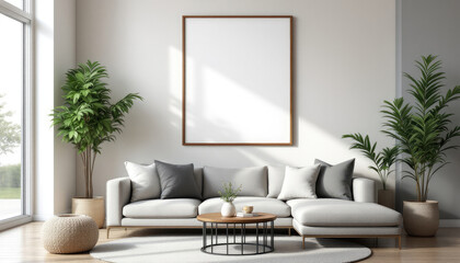 a gray sectional sofa with gray and white throw pillows, a wooden coffee table, and two potted plants. Cozy modern living room with photo frame design