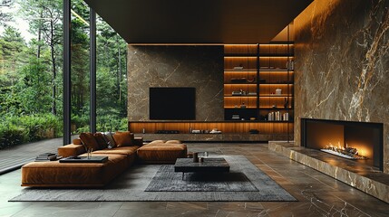 Luxury Modern Living Room with Fireplace and Forest View
