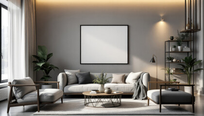 a gray sofa, two armchairs, a coffee table, and a large blank picture frame on the wall. Cozy modern living room with photo frame design