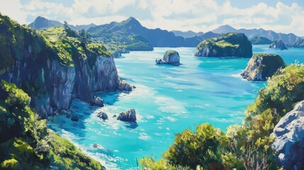 Fototapeta premium Coastal Paradise: Serene Bay with Lush Greenery and Turquoise Waters