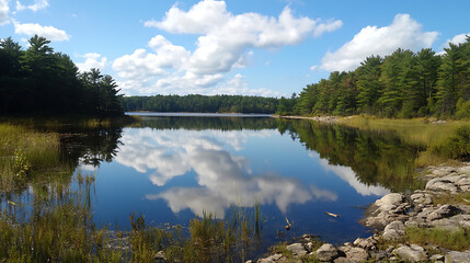 Expansive lake reflecting a clear blue sky with clouds, surrounded by pine trees and rocky terrain