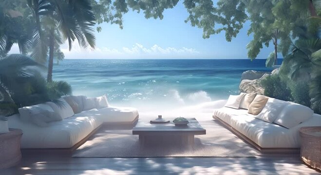 Serene beachside lounge with cozy sofas, ocean waves crashing, and lush tropical foliage in the background