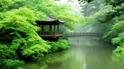 Serene Pavilion Bridge Green Misty Garden Landscape