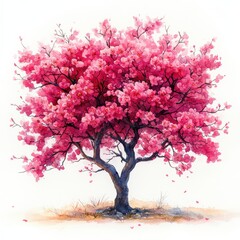 Vibrant Pink Blossom Tree with Artistic Stylization on White Background
