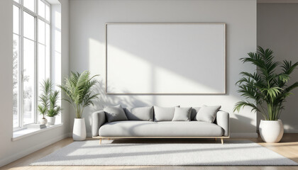 a gray sofa with white pillows, a large white picture frame on the wall, and two potted plants on either side of the sofa. Cozy modern living room with photo frame design