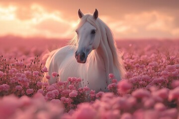 Graceful white horse in pink flower field at sunset