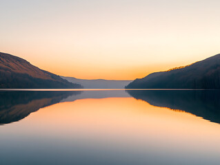 Obraz premium Glimmering lake at dusk with soft ripples, golden hues in the sky reflecting on the water, minimalistic and serene