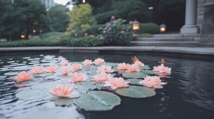 Serene Pink Water Lilies Floating on Calm Pond