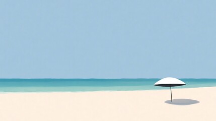 A serene beach scene featuring a single umbrella on golden sand, with calm turquoise waters and a clear blue sky.