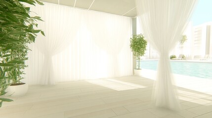Serene Poolside Relaxation Area with Sheer Curtains