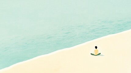 A serene figure meditates on a tranquil beach, surrounded by soft waves and gentle sand, evoking peace and mindfulness.