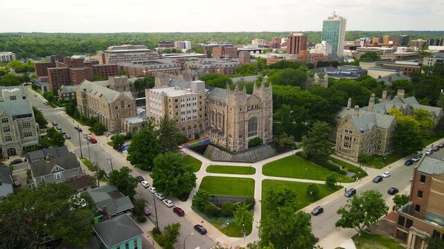 Aerial view of University of Michigan campus in Annarbor is consistently ranks among the highest-rated public universities in the world.