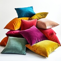 Colorful velvet cushions piled high on white. Home decor, interior design