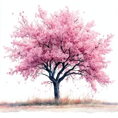 Fototapeta premium Vibrant Pink Blossom Tree on White Background in Watercolor Style