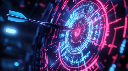 Fototapeta premium Cyberpunk Dartboard Target Neon Glowing Precise Hit. AI Generated