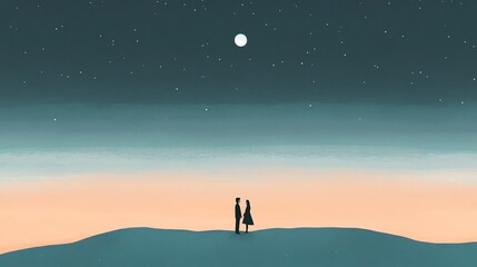 Obraz premium A serene silhouette of a couple standing together under a starry night sky, gazing at the moon, creating a romantic and tranquil atmosphere.