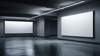 Empty parking garage department store interior with blank billboard
