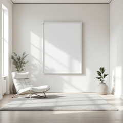 a white chair, a large white picture frame on the wall, and a potted plant. Cozy modern living room with photo frame design