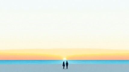 Fototapeta premium A serene sunset scene featuring two silhouetted figures standing together by the water's edge, creating a peaceful and romantic atmosphere.