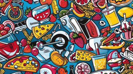 Fototapeta premium A colorful collage of various food and drink items, showcasing a fun, vibrant lifestyle.